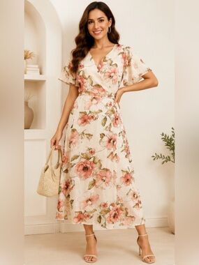EUC Short Sleeve Floral V-Neck Dress Size L